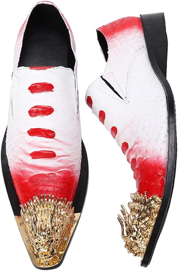 Santimon Mens Genuine Leather Dress Loafers Slip On Metallic Dragon Cap Toe Aesthetic Formal Business Banquet Shoes