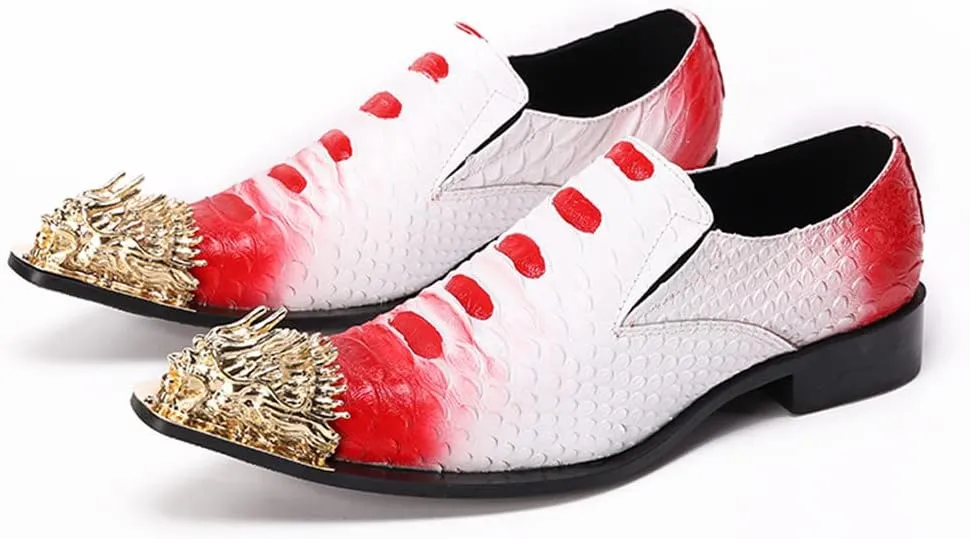Santimon Mens Genuine Leather Dress Loafers Slip On Metallic Dragon Cap Toe Aesthetic Formal Business Banquet Shoes