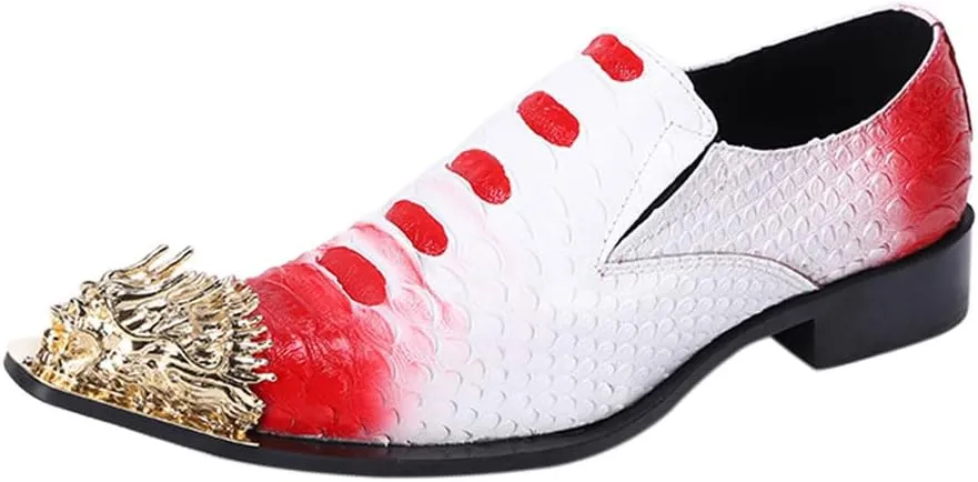 Santimon Mens Genuine Leather Dress Loafers Slip On Metallic Dragon Cap Toe Aesthetic Formal Business Banquet Shoes