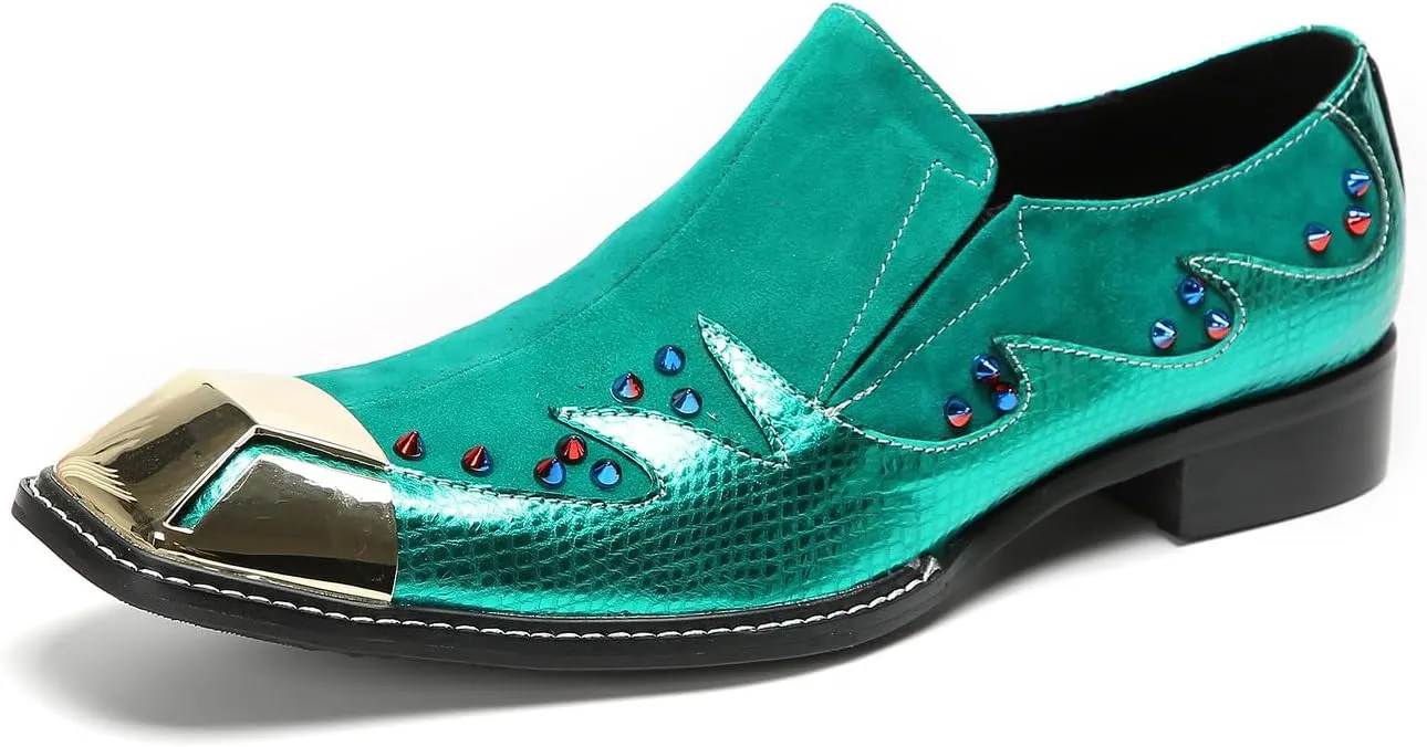 Santimon Men's Loafers Slip On Casual Dress Shoes Metal-Square Toe Suede Beaded Penny Loafers Fashion Wedding Porm Party Moccasins Disco Singer Tuxedo Shoes for Men