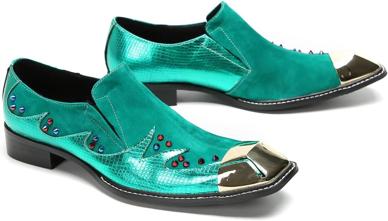 Santimon Men's Loafers Slip On Casual Dress Shoes Metal-Square Toe Suede Beaded Penny Loafers Fashion Wedding Porm Party Moccasins Disco Singer Tuxedo Shoes for Men