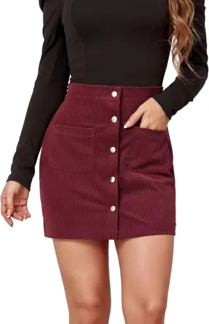 Sheface Women's Corduroy Button Down Mini Short Skirt High Waist A-line Wrap Skirts with Pockets