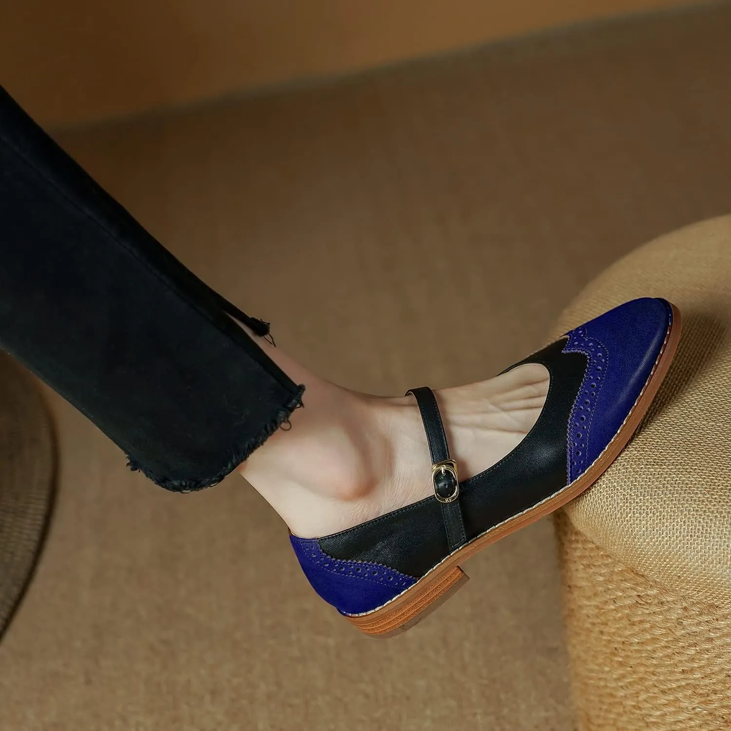 SHODENSE Women Mary Jane Flats Round Toe Ankle Strap Flat Shoes Two Tone Wingtip Oxfords Mary Jane Perforated Retro 1 Flat Heel Dress Shoes Almond Toe Patchwork Comfy Driver Flats 4-11 M US