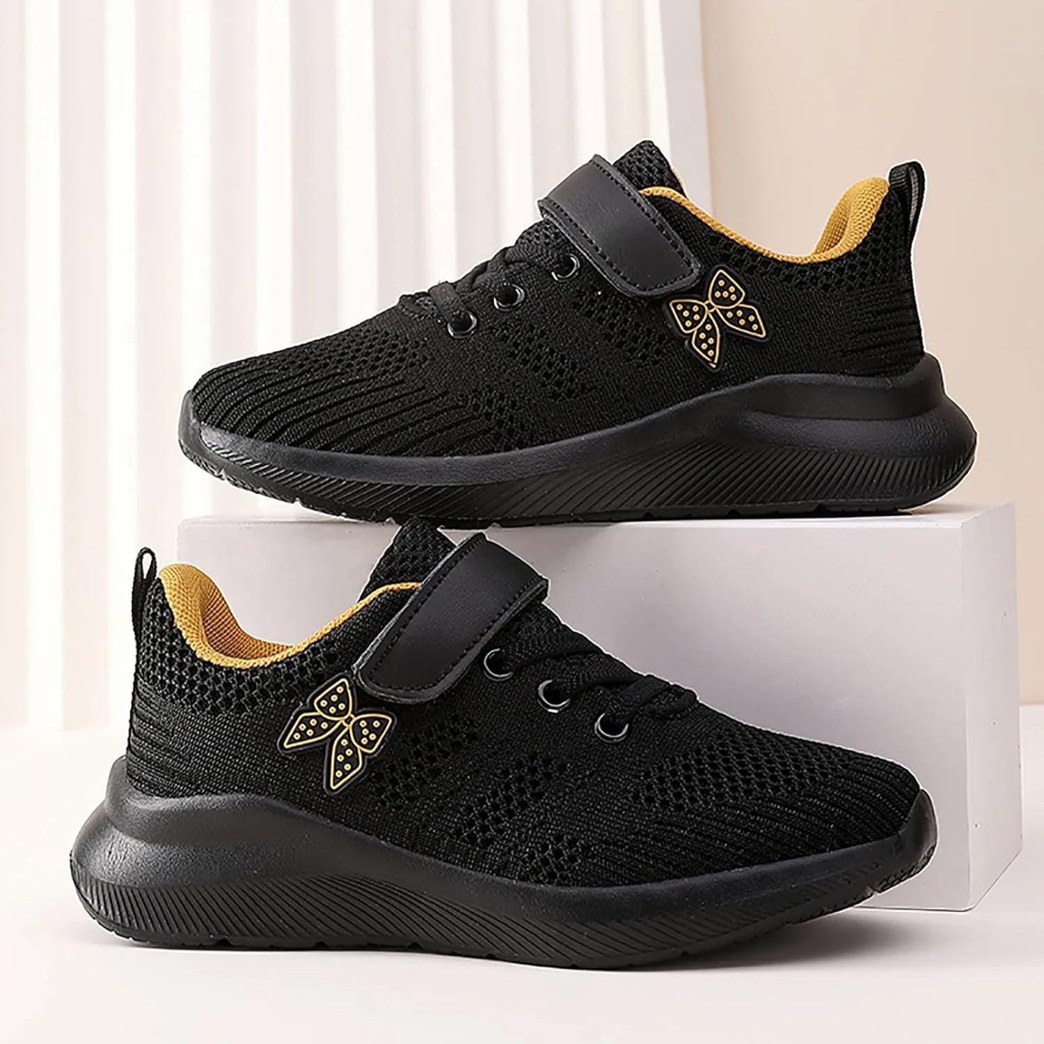 Sneakers for Girls Breathable Knit Mesh Running Shoes with Hook and Loop Kids Sports Lightweight Casual Walking Sneakers