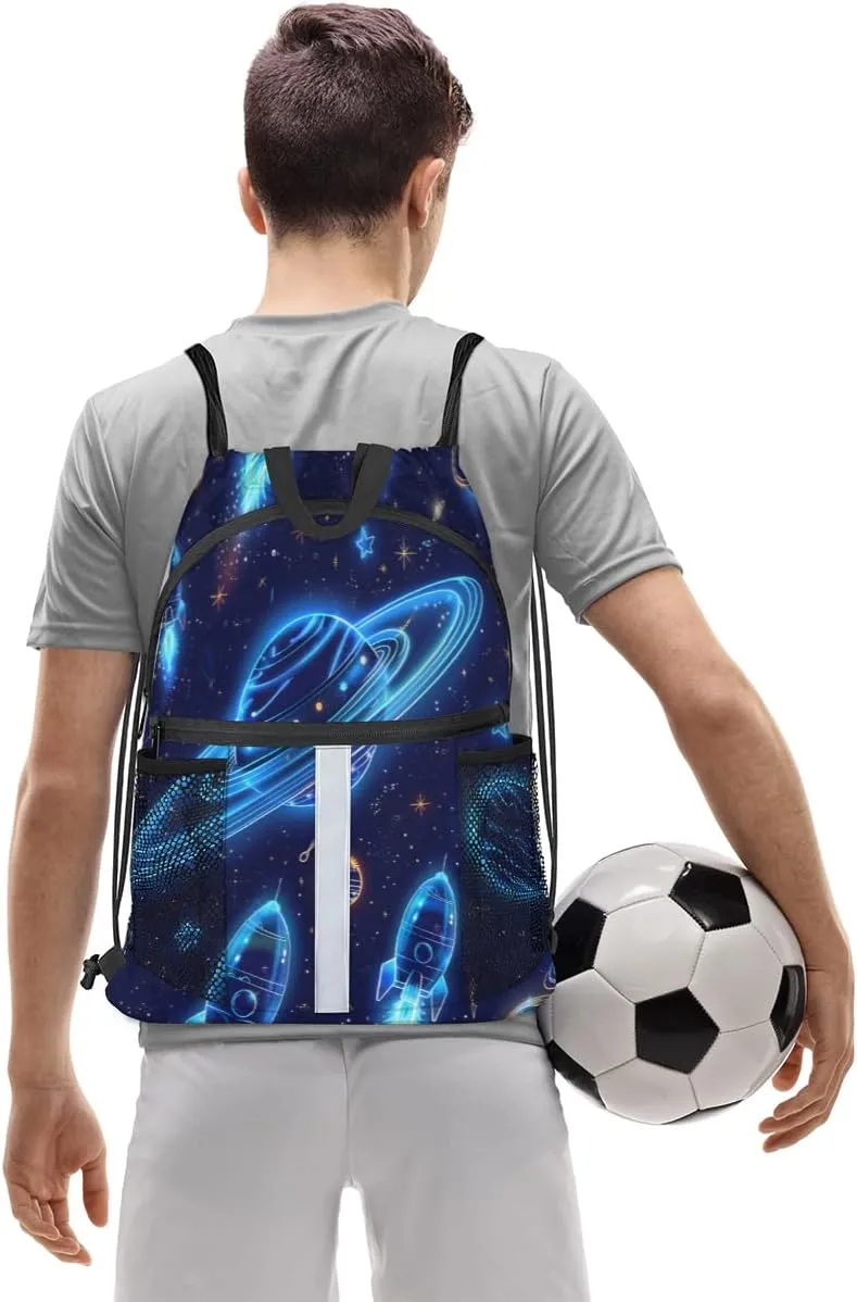 Solar System Drawstring Backpack with Water Bottle Pocket Lightweight String Bag Planets Universe Sports Gym Swim Sackpack for Men Women