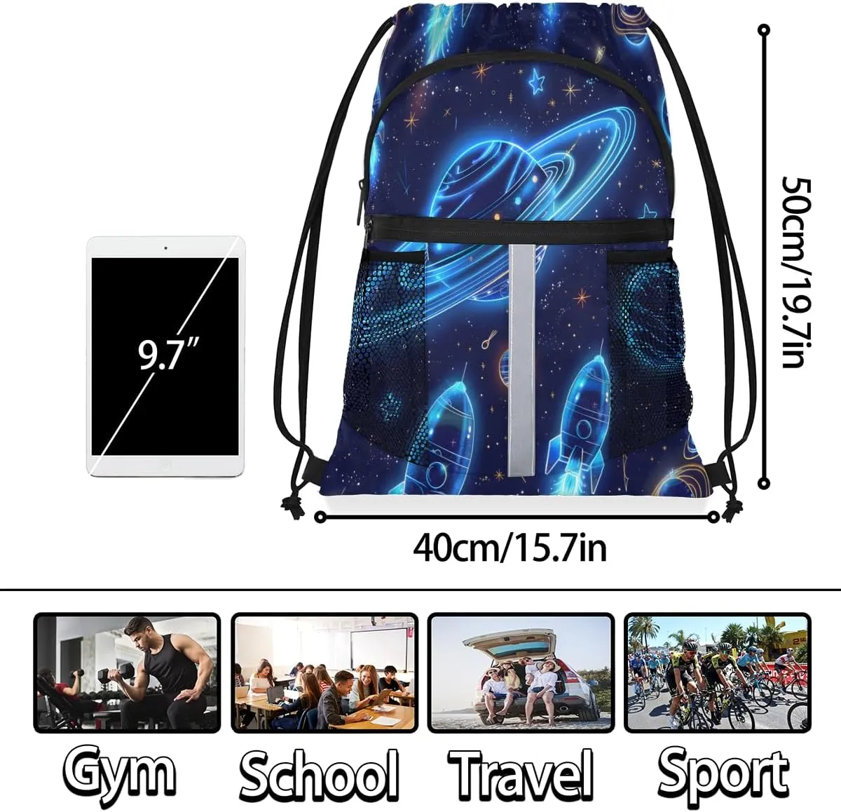 Solar System Drawstring Backpack with Water Bottle Pocket Lightweight String Bag Planets Universe Sports Gym Swim Sackpack for Men Women