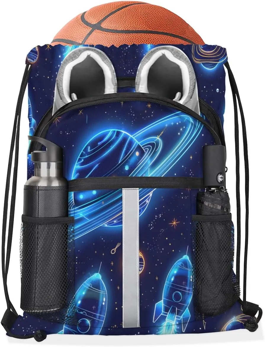 Solar System Drawstring Backpack with Water Bottle Pocket Lightweight String Bag Planets Universe Sports Gym Swim Sackpack for Men Women