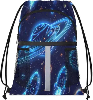 Solar System Drawstring Backpack with Water Bottle Pocket Lightweight String Bag Planets Universe Sports Gym Swim Sackpack for Men Women