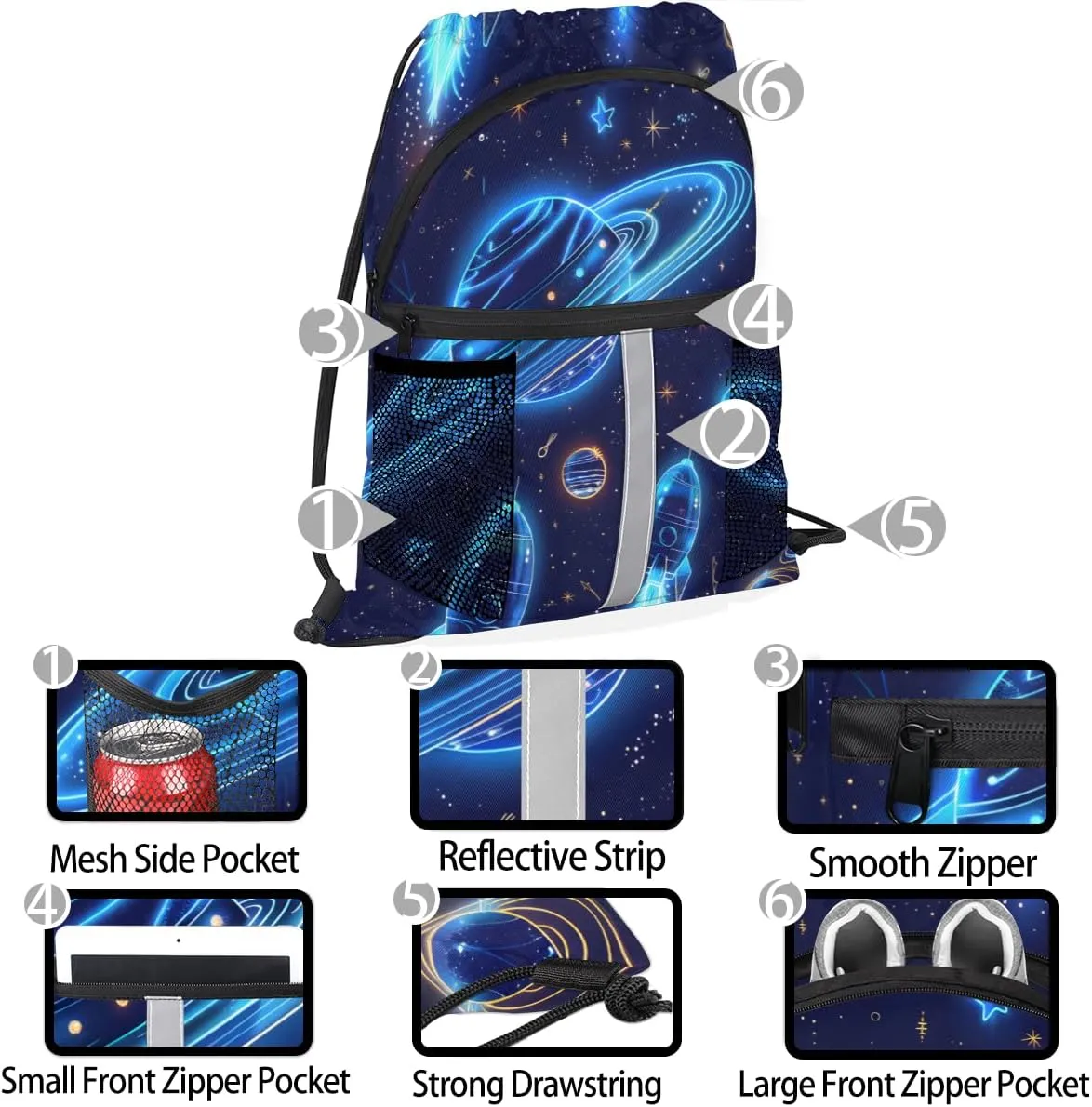 Solar System Drawstring Backpack with Water Bottle Pocket Lightweight String Bag Planets Universe Sports Gym Swim Sackpack for Men Women