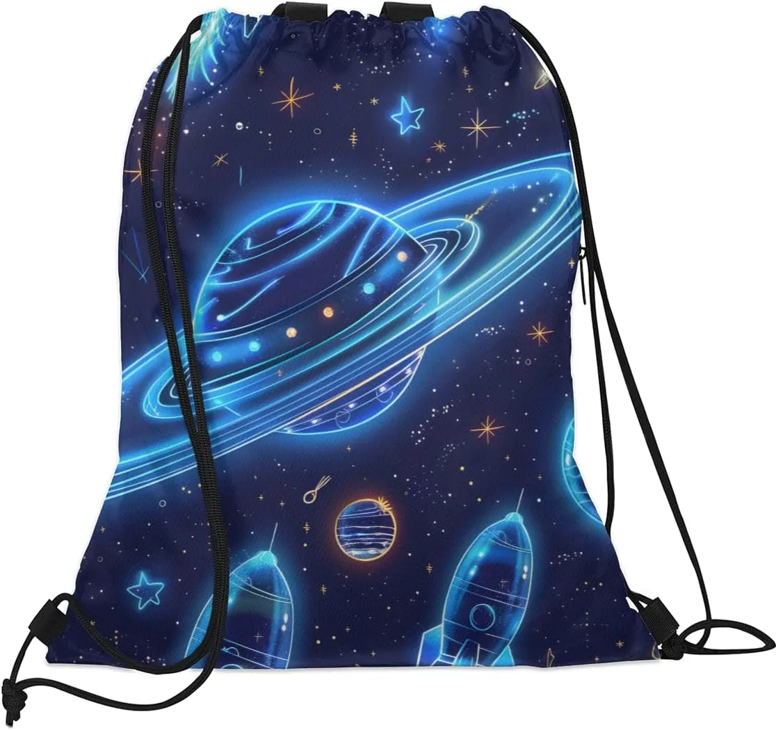 Solar System Drawstring Backpack with Water Bottle Pocket Lightweight String Bag Planets Universe Sports Gym Swim Sackpack for Men Women