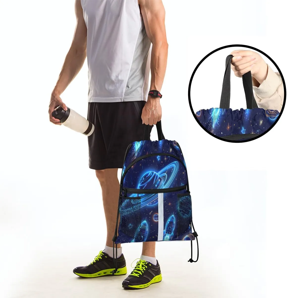 Solar System Drawstring Backpack with Water Bottle Pocket Lightweight String Bag Planets Universe Sports Gym Swim Sackpack for Men Women