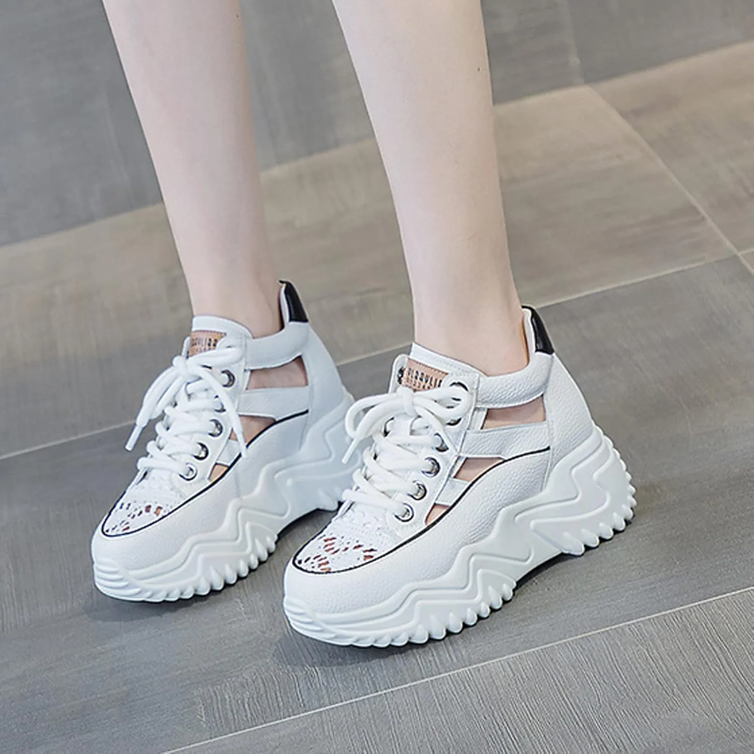 SOLPNOW Women's Leather Breathable Platform Sneakers,Summer Lace-Up Non-Slip Hollow Sandals,Outdoor Hiking Workout Driving Shoes
