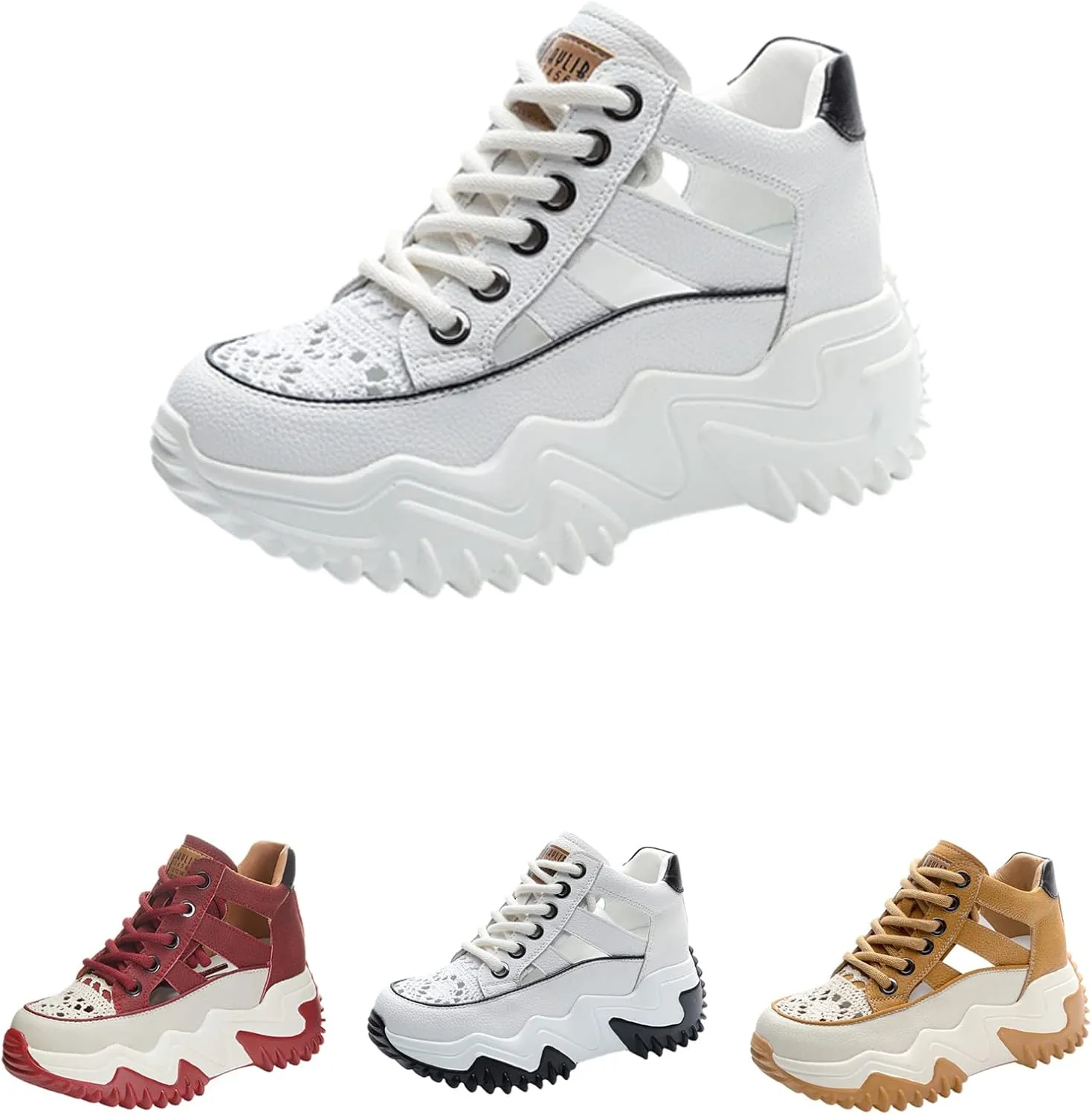 SOLPNOW Women's Leather Breathable Platform Sneakers,Summer Lace-Up Non-Slip Hollow Sandals,Outdoor Hiking Workout Driving Shoes