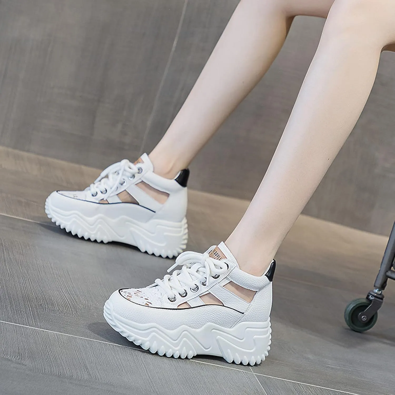 SOLPNOW Women's Leather Breathable Platform Sneakers,Summer Lace-Up Non-Slip Hollow Sandals,Outdoor Hiking Workout Driving Shoes