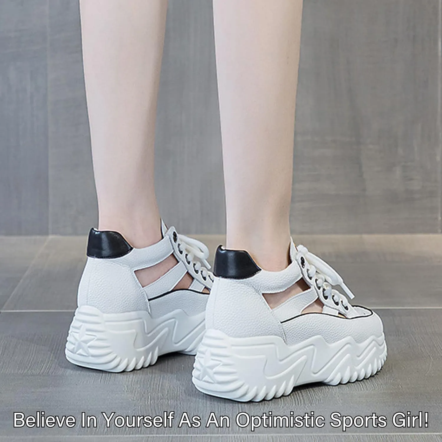 SOLPNOW Women's Leather Breathable Platform Sneakers,Summer Lace-Up Non-Slip Hollow Sandals,Outdoor Hiking Workout Driving Shoes
