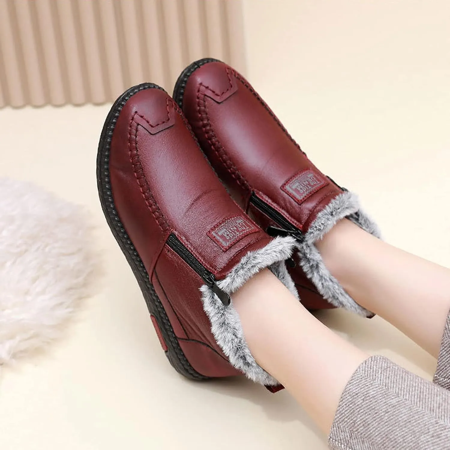 SOLPNOW Women's Leather Fleece Warm Flat Ankle Cotton Shoes, Winter Front Zipper Anti-Slip Waterproof Soft Sole MAMA Shoes