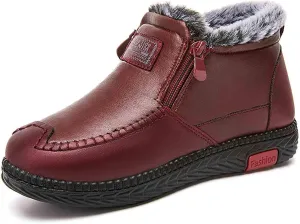 SOLPNOW Women's Leather Fleece Warm Flat Ankle Cotton Shoes, Winter Front Zipper Anti-Slip Waterproof Soft Sole MAMA Shoes