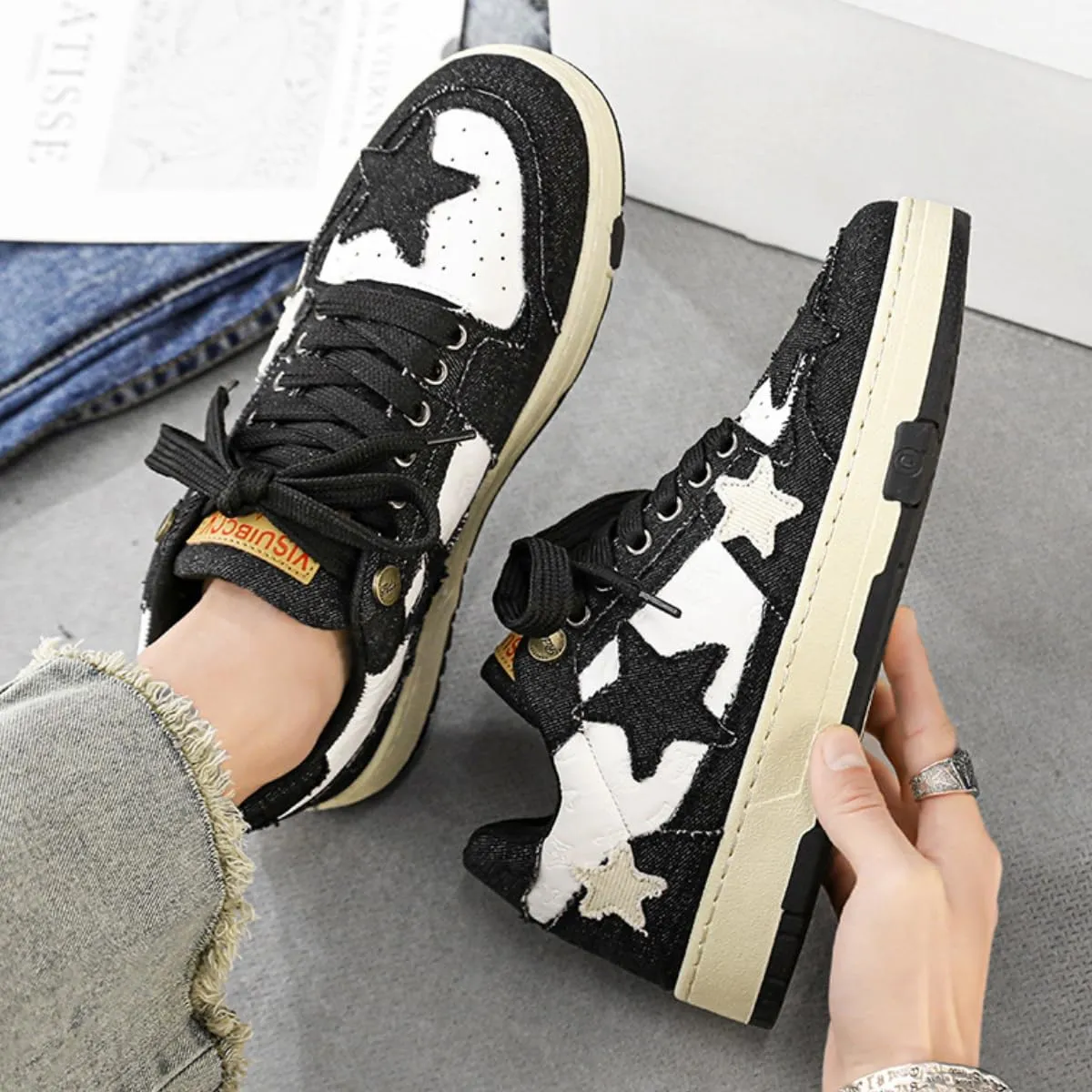 Star Denim Sneakers Graphic Skate Shoes Y2k Cute High Top Lace-up Front Multicolor Sports Women Girl Chic Gift