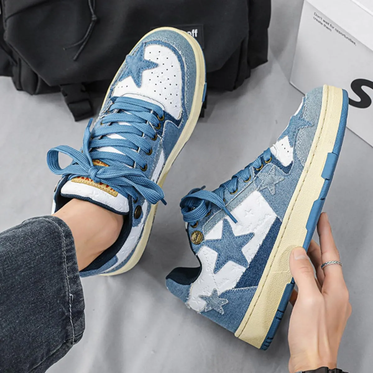 Star Denim Sneakers Graphic Skate Shoes Y2k Cute High Top Lace-up Front Multicolor Sports Women Girl Chic Gift