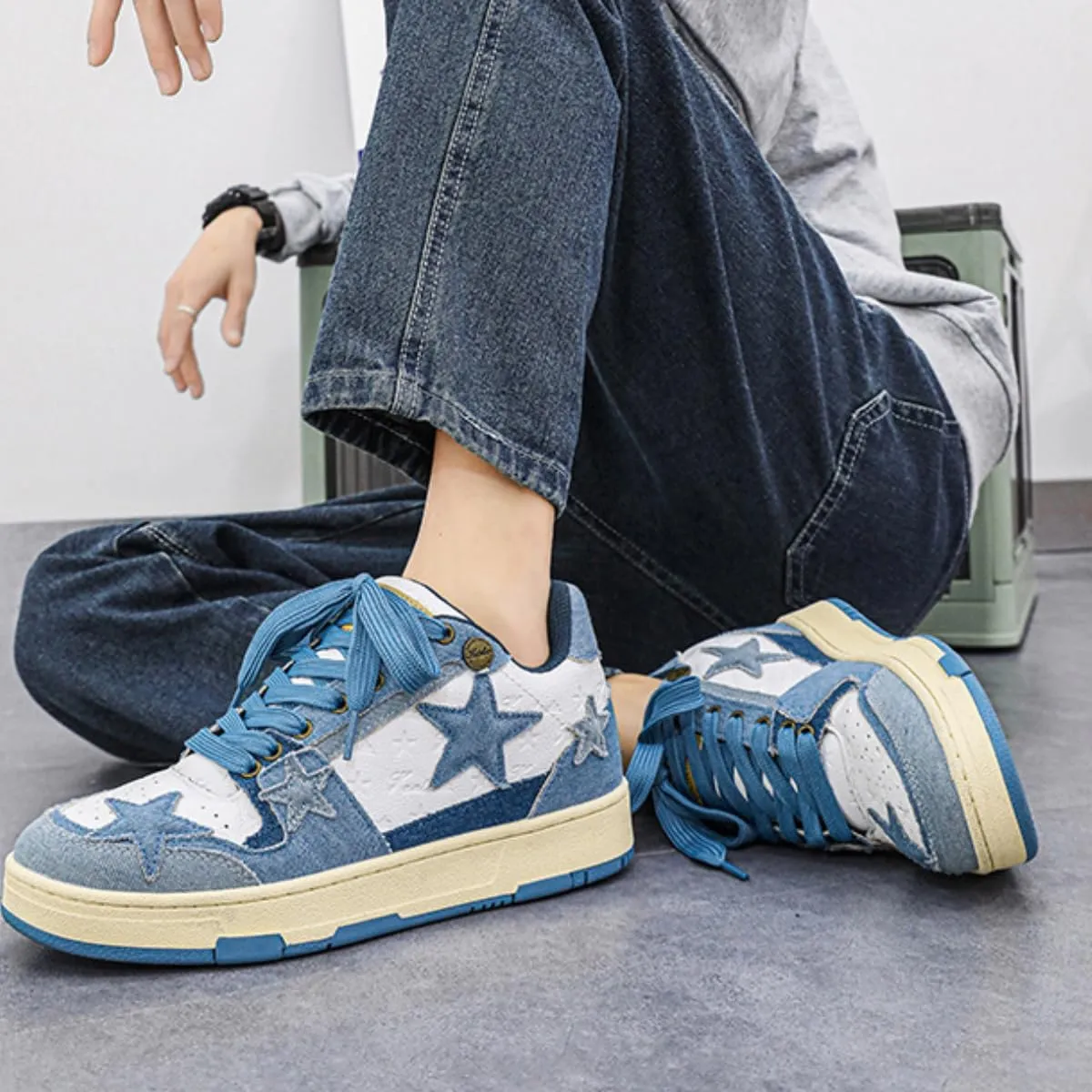 Star Denim Sneakers Graphic Skate Shoes Y2k Cute High Top Lace-up Front Multicolor Sports Women Girl Chic Gift