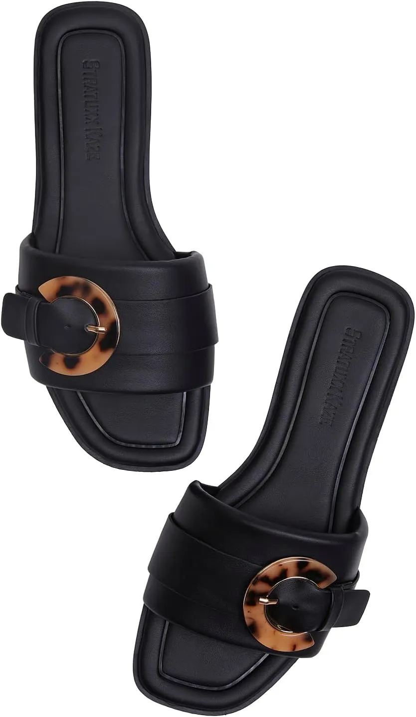 Stratuxx Kaze Women's Dressy Summer Flat Sandals Fashion Slip on Slides with Buckle for Women Sandals Size 5-11