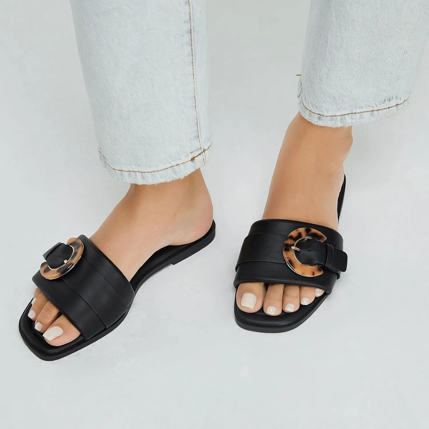 Stratuxx Kaze Women's Dressy Summer Flat Sandals Fashion Slip on Slides with Buckle for Women Sandals Size 5-11