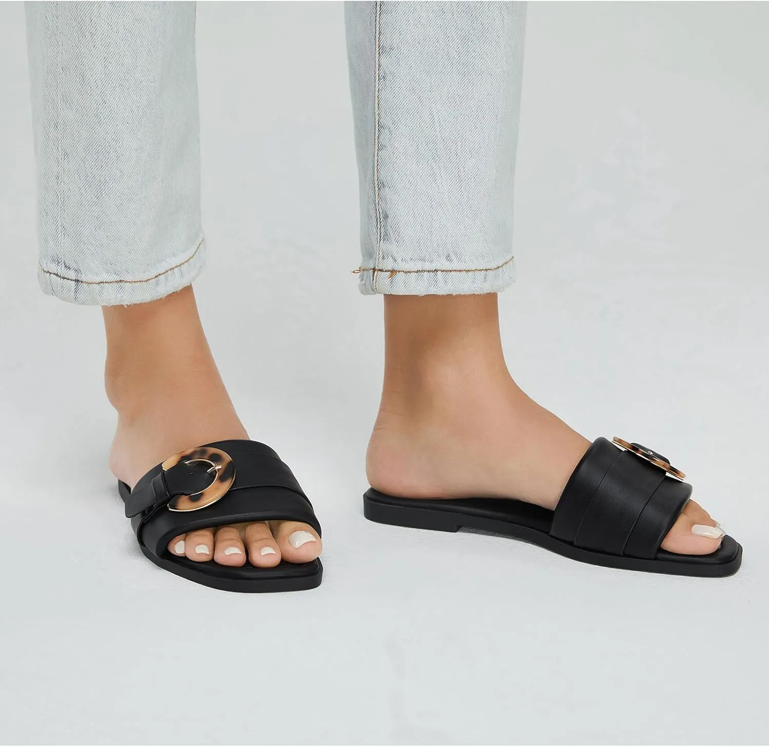 Stratuxx Kaze Women's Dressy Summer Flat Sandals Fashion Slip on Slides with Buckle for Women Sandals Size 5-11