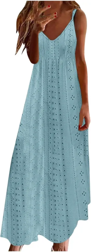 Summer Maxi Dresses for Women 2024 Sexy Lace Eyelet Sleeveless v Neck Long Dress Spaghetti Strap Flowy Beach Sundress