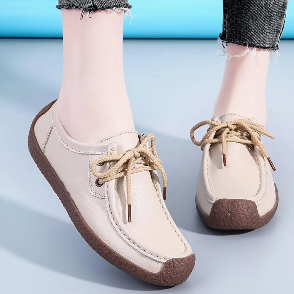 Sunporx Women's Lace-up Moccasin Lefse Shoes Driving Leather Oxford Shoe Non-Slip Comfortable Flat Bottom Walking Shoes