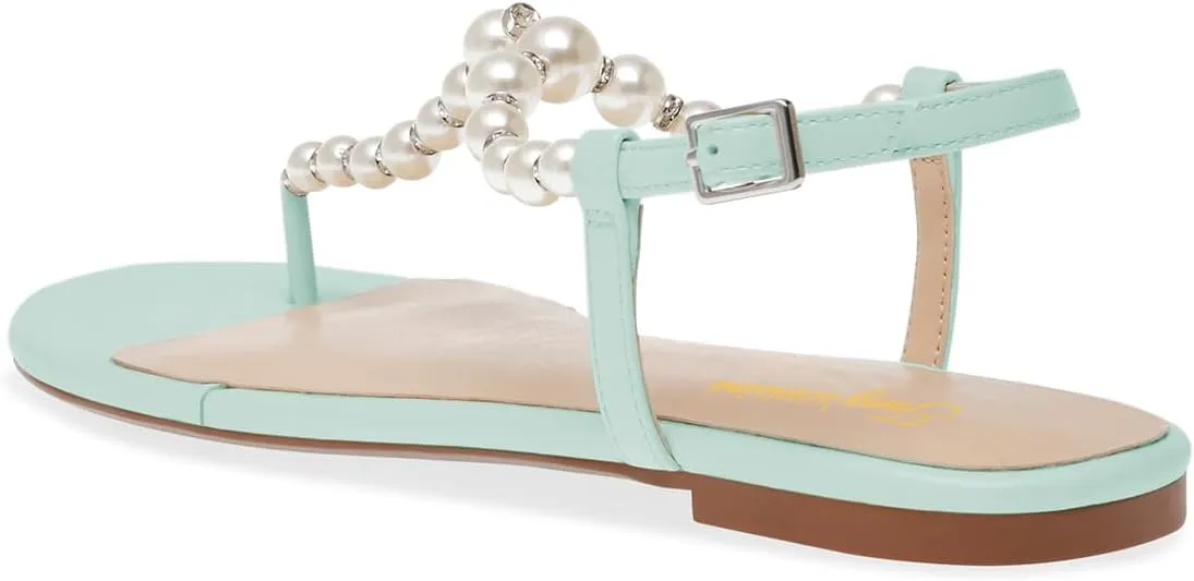 Tang'scuisins Women Round Split Toe Thong Sandals Pearl T-Strap Buckled Flats Summer Dressy Beach Shoes Size 4-16 US
