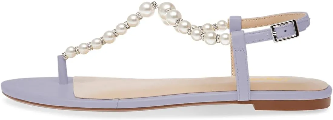 Tang'scuisins Women Round Split Toe Thong Sandals Pearl T-Strap Buckled Flats Summer Dressy Beach Shoes Size 4-16 US