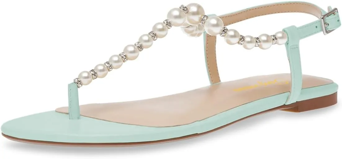 Tang'scuisins Women Round Split Toe Thong Sandals Pearl T-Strap Buckled Flats Summer Dressy Beach Shoes Size 4-16 US