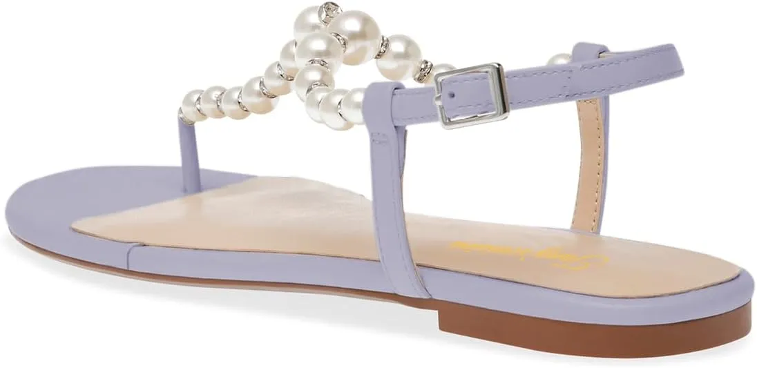 Tang'scuisins Women Round Split Toe Thong Sandals Pearl T-Strap Buckled Flats Summer Dressy Beach Shoes Size 4-16 US