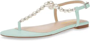 Tang'scuisins Women Round Split Toe Thong Sandals Pearl T-Strap Buckled Flats Summer Dressy Beach Shoes Size 4-16 US