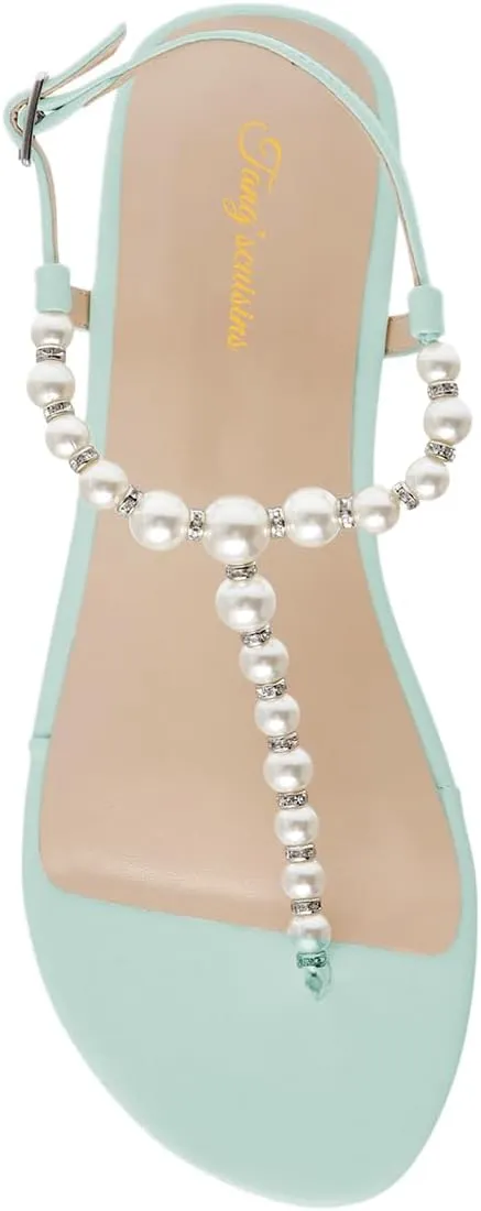 Tang'scuisins Women Round Split Toe Thong Sandals Pearl T-Strap Buckled Flats Summer Dressy Beach Shoes Size 4-16 US