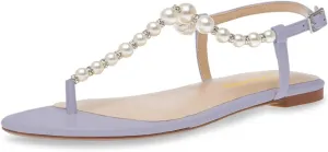 Tang'scuisins Women Round Split Toe Thong Sandals Pearl T-Strap Buckled Flats Summer Dressy Beach Shoes Size 4-16 US