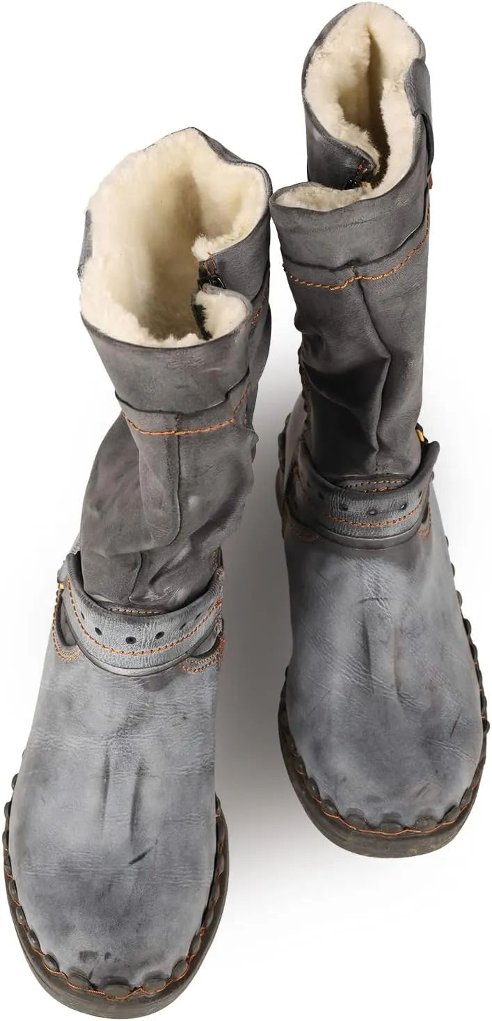 TMA EYES Buckle-Accent Leather Faux Fur Women Boots