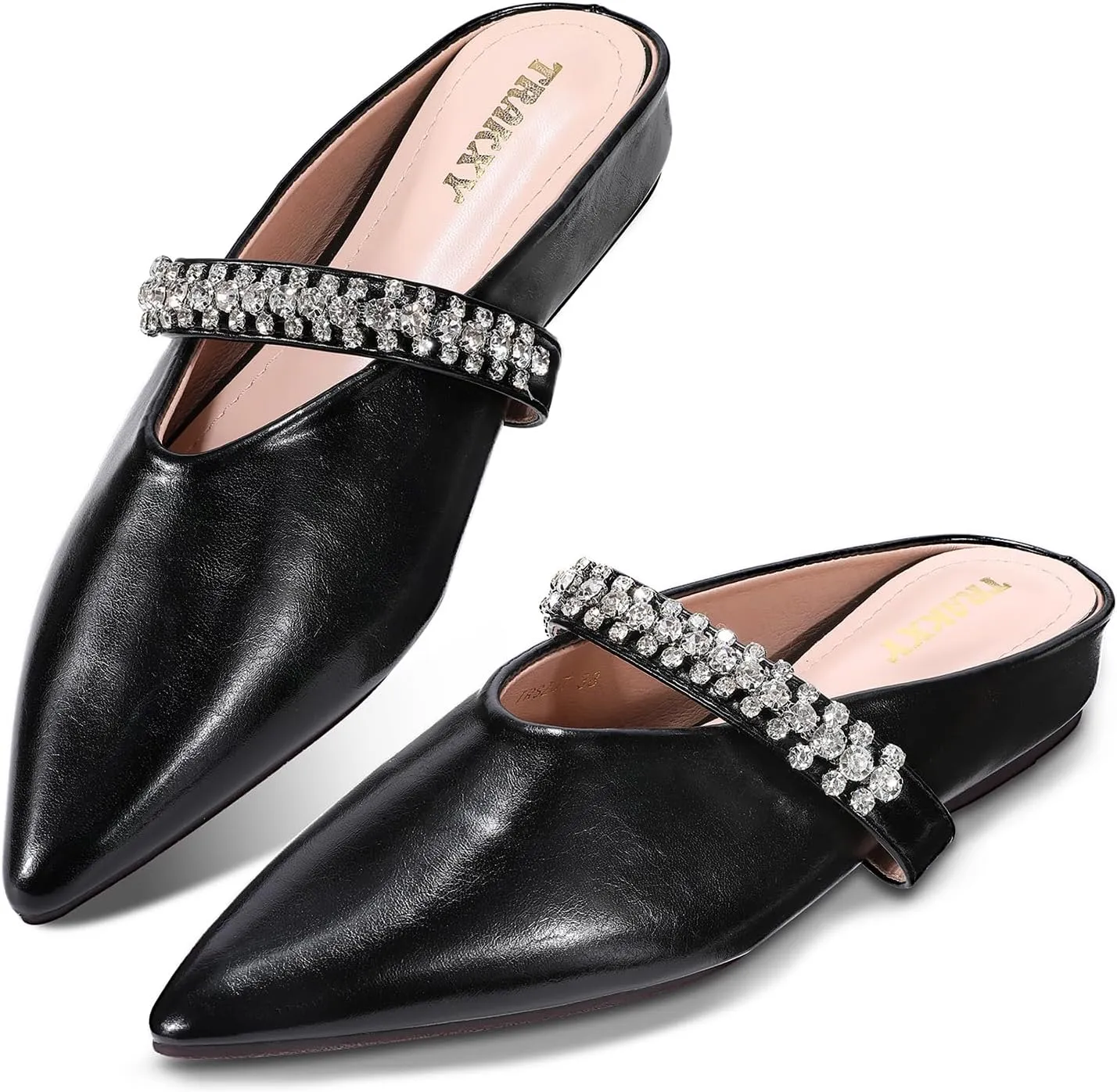 Trakxy Women's Buckle Pointed Toe Backless Mule Ballet Flats Inner Height Increase Comfortable Flat Dress Shoes Casual Work Parties Shopping
