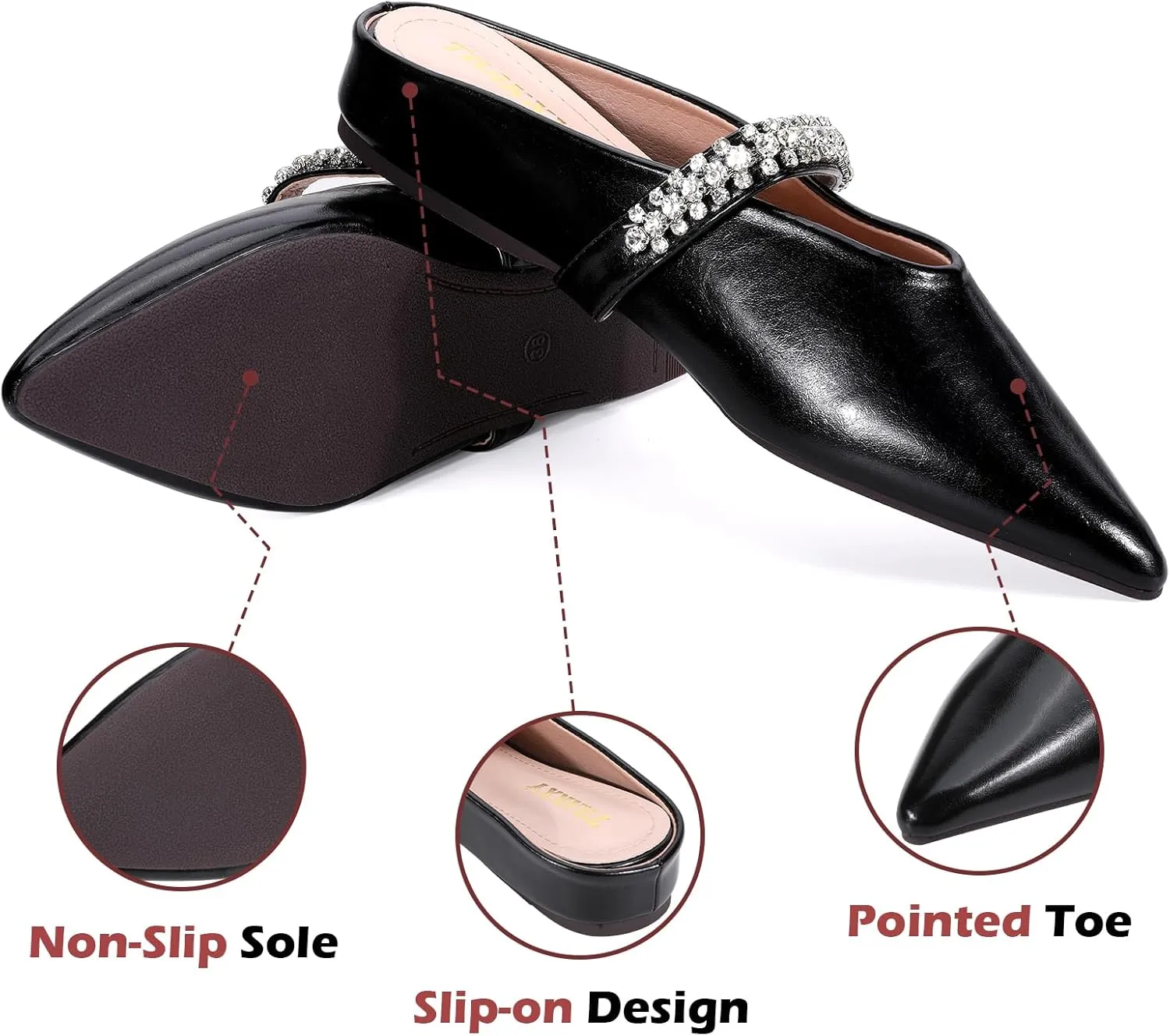 Trakxy Women's Buckle Pointed Toe Backless Mule Ballet Flats Inner Height Increase Comfortable Flat Dress Shoes Casual Work Parties Shopping