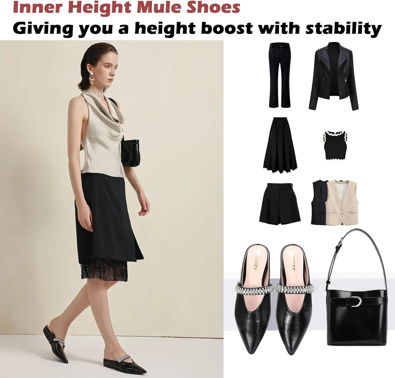 Trakxy Women's Buckle Pointed Toe Backless Mule Ballet Flats Inner Height Increase Comfortable Flat Dress Shoes Casual Work Parties Shopping