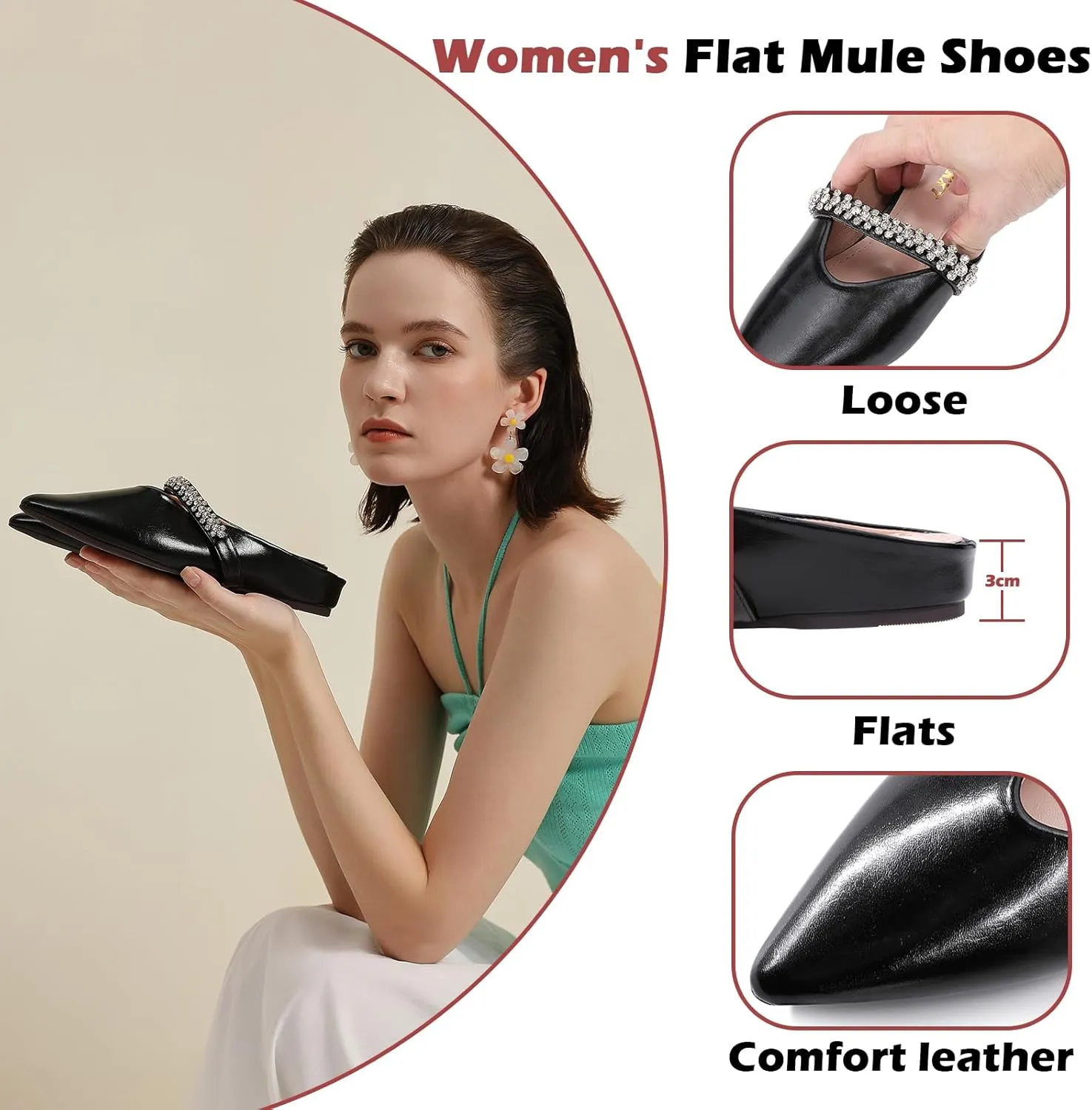 Trakxy Women's Buckle Pointed Toe Backless Mule Ballet Flats Inner Height Increase Comfortable Flat Dress Shoes Casual Work Parties Shopping