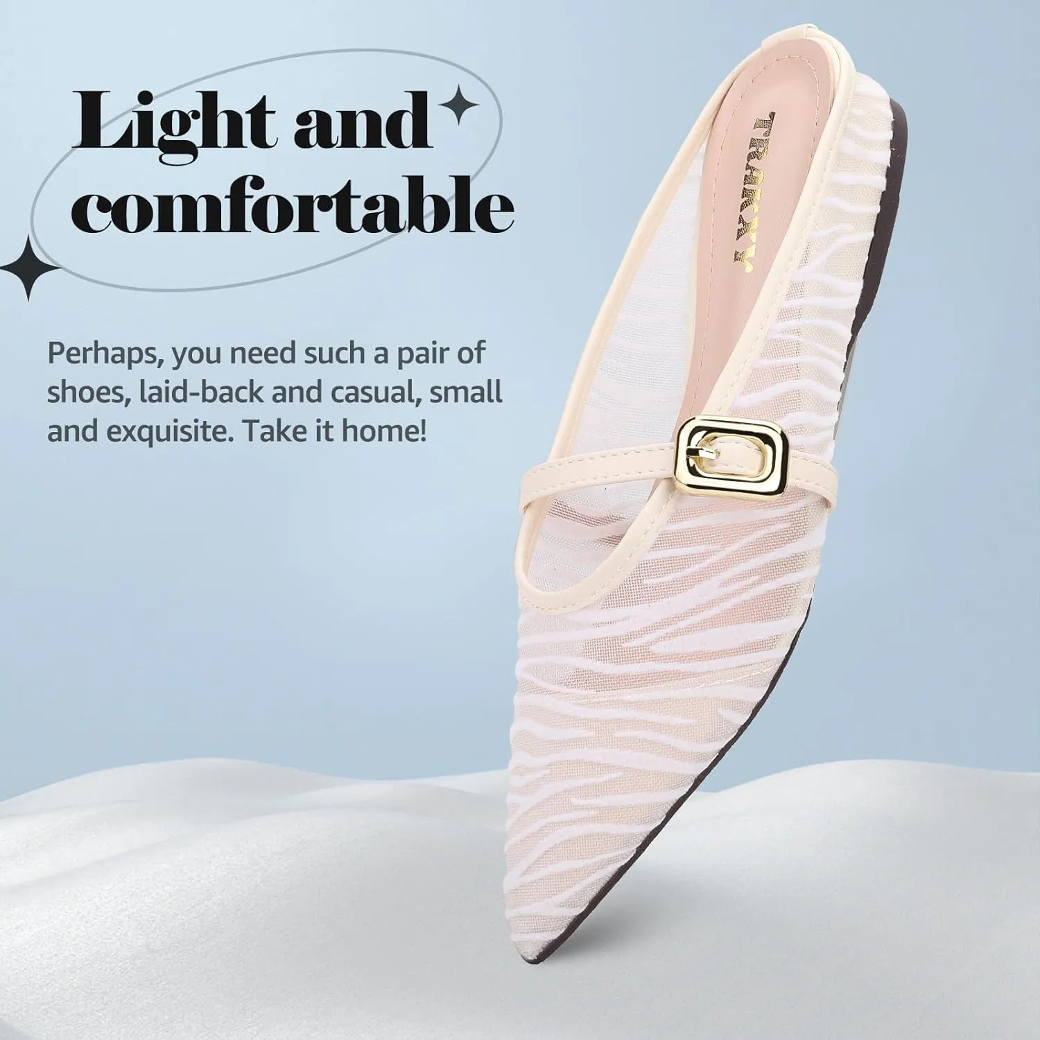 Trakxy Women's Buckle Pointed Toe Backless Mule Ballet Flats Inner Height Increase Comfortable Flat Dress Shoes Casual Work Parties Shopping