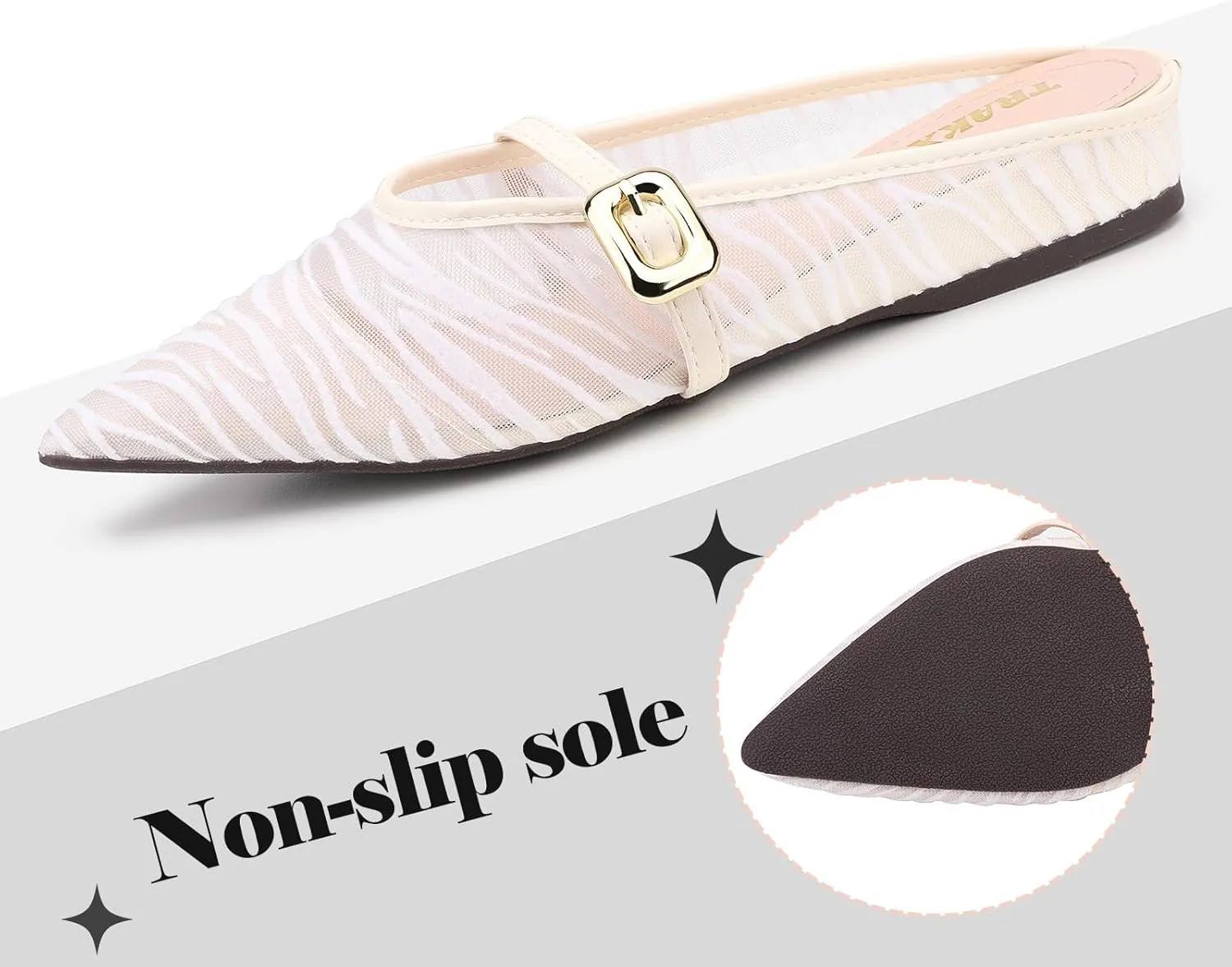 Trakxy Women's Buckle Pointed Toe Backless Mule Ballet Flats Inner Height Increase Comfortable Flat Dress Shoes Casual Work Parties Shopping