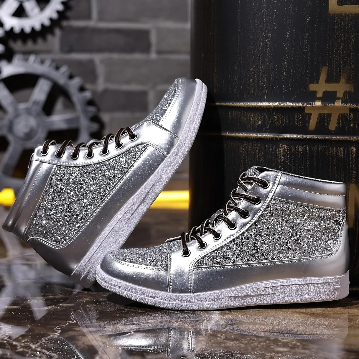 Trsorini Mens Glitter Sparkly Shoes Bling Sequin Lace Boots Fashion Sneakers High Top Casual Shiny Shoes