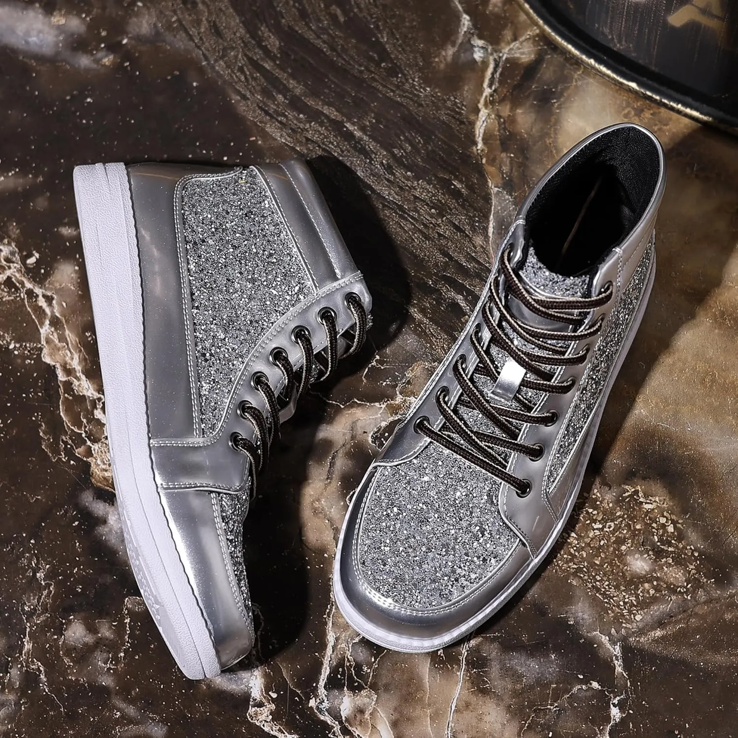 Trsorini Mens Glitter Sparkly Shoes Bling Sequin Lace Boots Fashion Sneakers High Top Casual Shiny Shoes