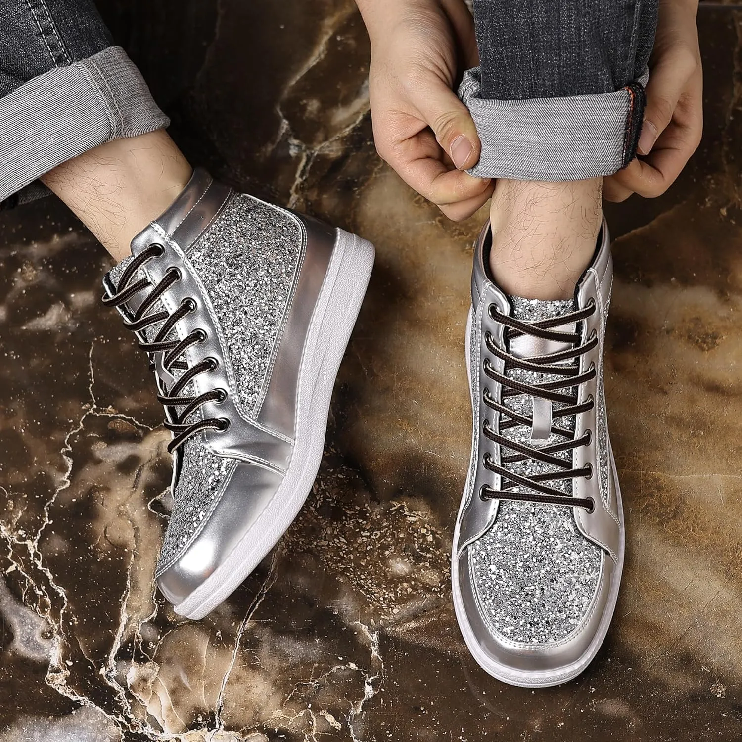 Trsorini Mens Glitter Sparkly Shoes Bling Sequin Lace Boots Fashion Sneakers High Top Casual Shiny Shoes