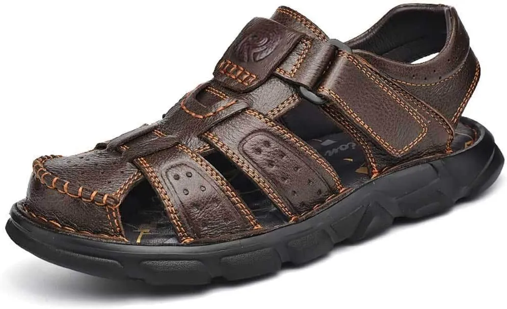 UPIShi Men's Closed Toe Leather Fisherman Adjustable Lightweight Outdoor Beach Sandals