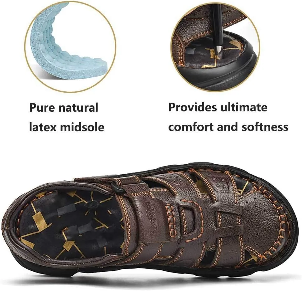 UPIShi Men's Closed Toe Leather Fisherman Adjustable Lightweight Outdoor Beach Sandals