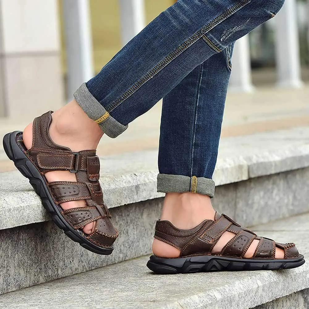 UPIShi Men's Closed Toe Leather Fisherman Adjustable Lightweight Outdoor Beach Sandals