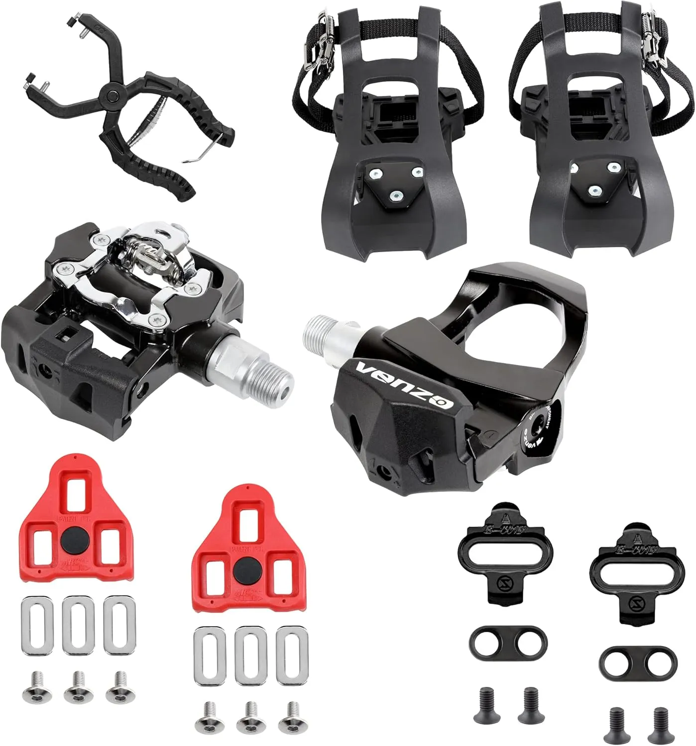 Venzo Sealed Fitness Exercise Indoor Bike Bicycle Pedals & Cleats - Compatible with Peloton, Look Delta & Shimano SPD - with Toe Cages Pedals Set or Cage Removal Tool for Indoor Fitness Exercise